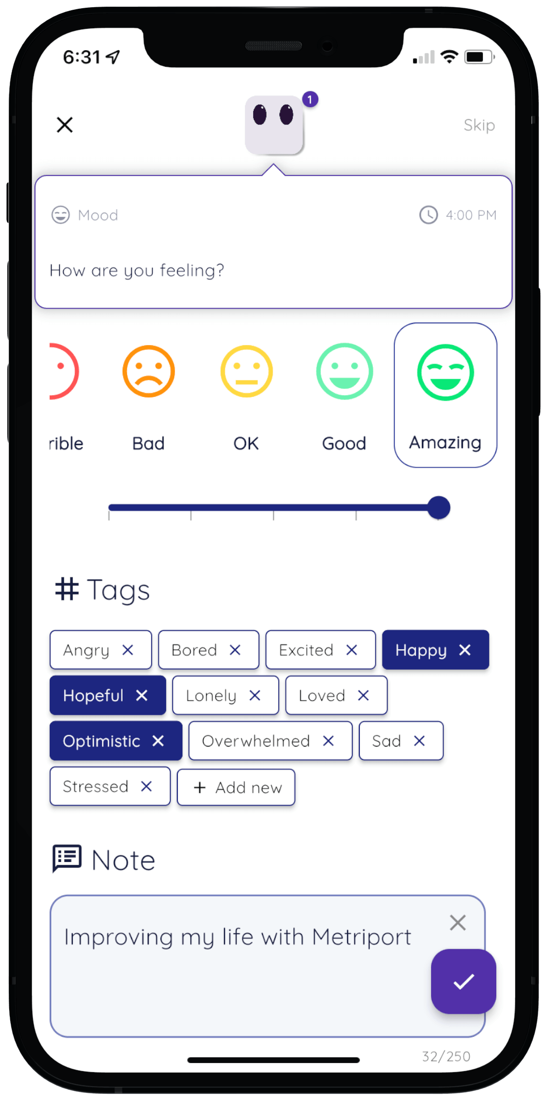 Mood tracker app data entry screen