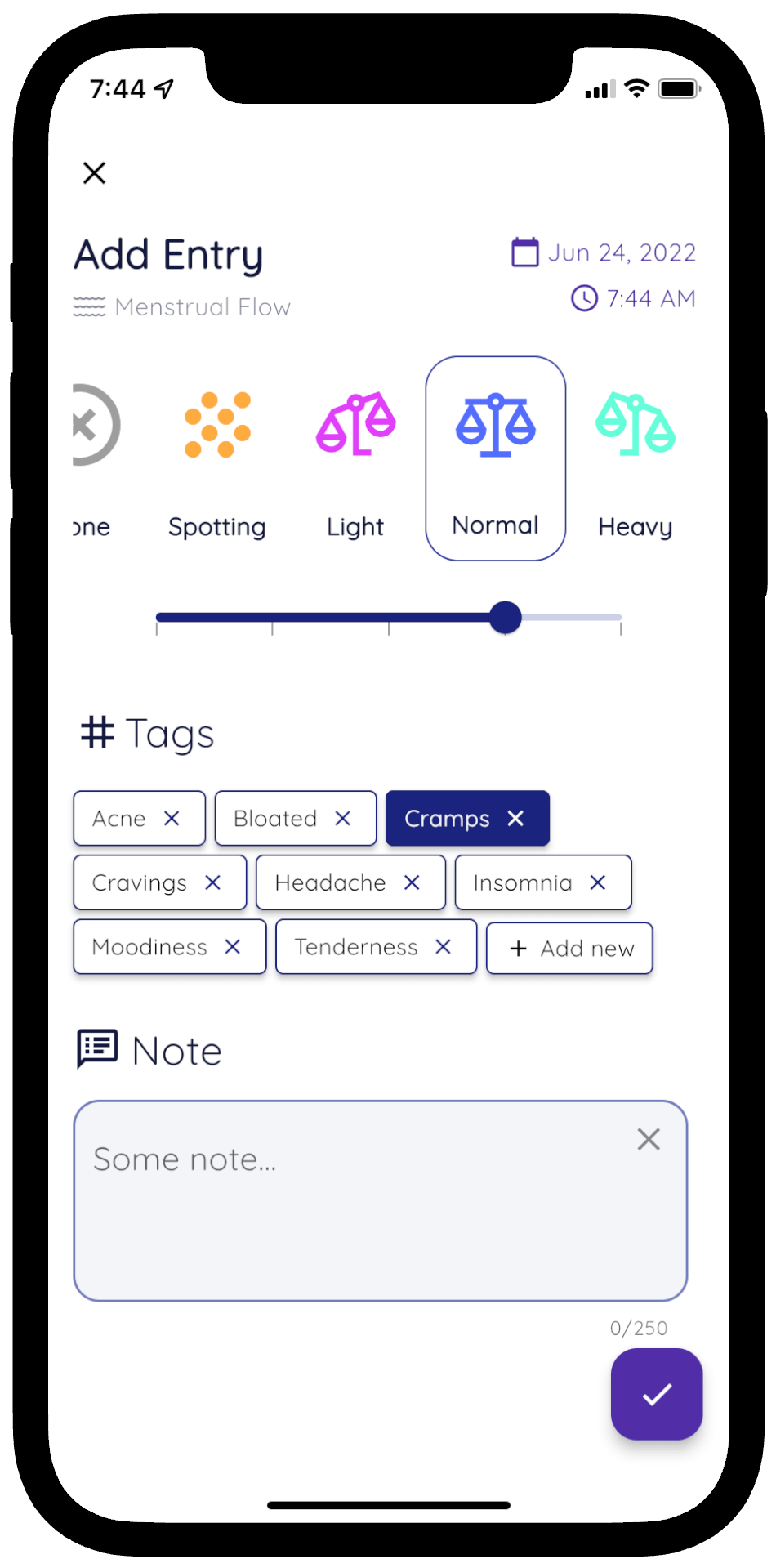 Period tracker app data entry screen