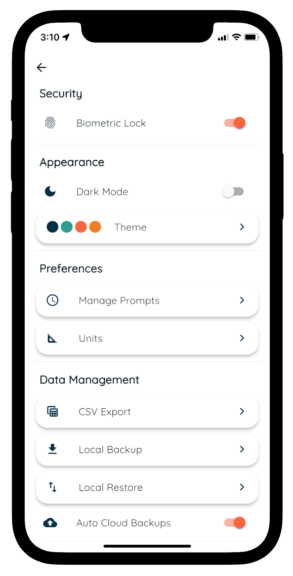 Mood tracker app settings screen with privacy features like a biometric lock and local data storage